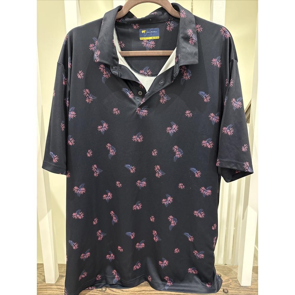 Jack Nicklaus Polo Shirt Men XXL Black W Floral Design Golden Bear Fireworks